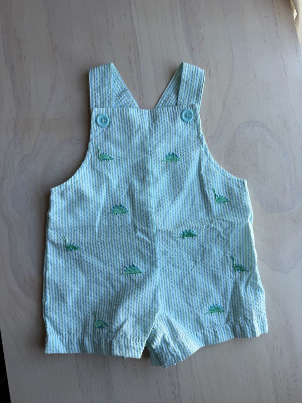 Starting Out Green Stripe Dino Short Overalls